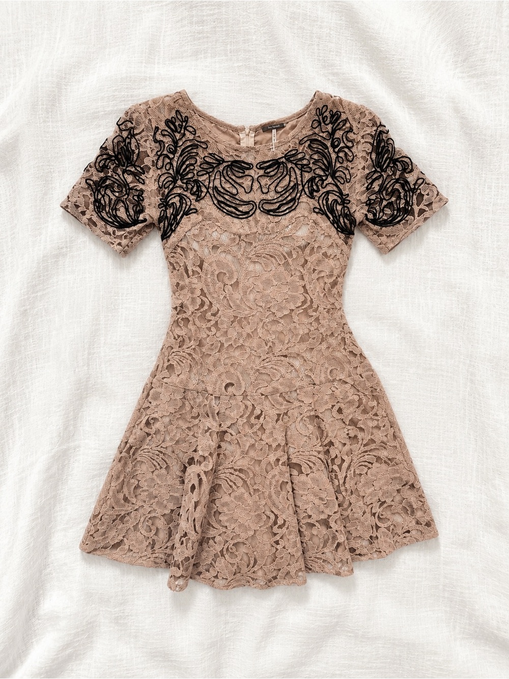 Free People Taupe Lace Mini Dress with Black Embroidery
